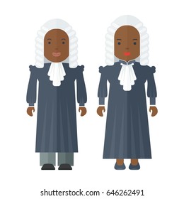 Black people judge a man and a woman. Characteristic for the process of the court and the protection rights of citizen. Objects isolated on white background. Flat cartoon vector illustration.