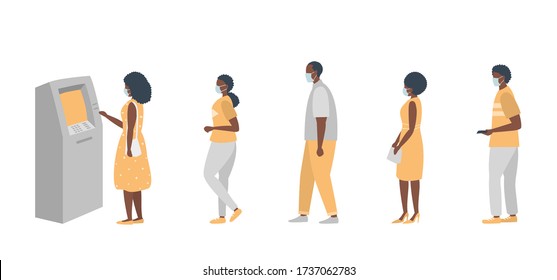 Black People In Medical Masks Stand In Line At The ATM. Queue During The Coronovirus Epidemic. Men And Women Keep Their Distance To Stay Safe. Vector Illustration In Flat Style.