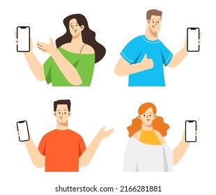 Black people point on empty screen of mobile phones. Cartoon male and female characters hold smartphone to use apps and show presenting gesture. Vector set illustration