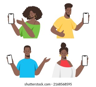 Black people point on empty screen of mobile phones. Cartoon male and female characters hold smartphone to use apps and show presenting gesture. Vector set illustration