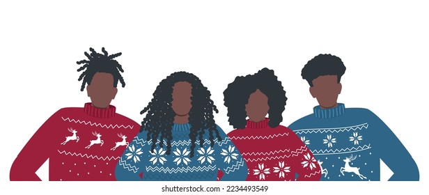 Black people in red and blue Christmas sweaters. Best friends stand together. Vector holiday illustration