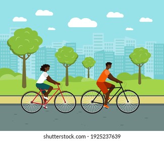 Black people ride city bike. woman and man on bicycles. african american couple characters with urban green park on background