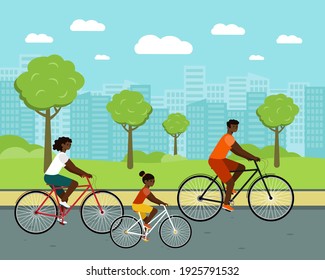 Black people ride city bike. woman and man on bicycles. african american family characters with urban background - Shutterstock ID 1925791532