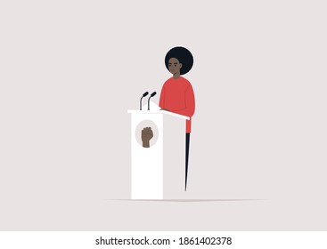 Black people rights, a female African American character standing standing behind the pulpit with a fist emblem on it, political process 