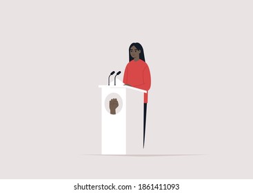 Black people rights, a female African American character standing standing behind the pulpit with a fist emblem on it, political process 