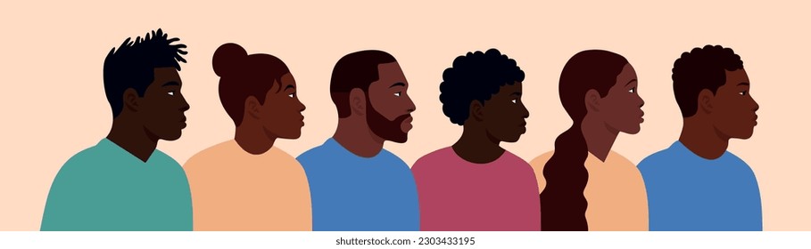 Black people side view portraits. Vector black group, concept of equality and togetherness. Wellness, independence and freedom, stop racism