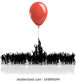 black people silhouettes climbing on a red balloon