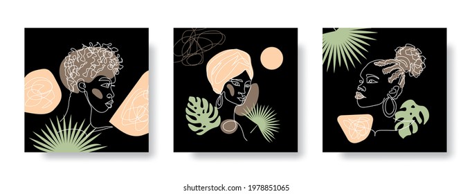 Black people social media templates for stories. Afro women, african girls with tropical palm tree leaves on black background. Vector set for wall art decor.