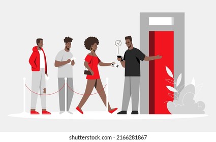 Black People Waiting In Behind Queue Barrier For Party. Security Bouncer Face Control Man. Invitation Guest List Checking At Nightclub Building Entrance. Concert Tickets With Qr Code. Vector Art