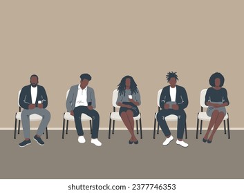 Black people waiting in line. Men and women sit on chairs and look at their phones. Vector illustration