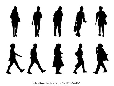 Black people walking collection on white background, Silhouette men and women vector set, Isolate shape group girl and boy, Shadow different human illustration