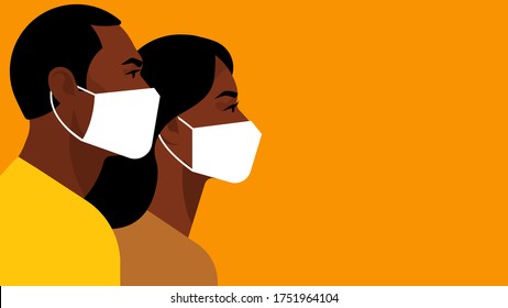 Black People Wearing Medical Masks In Public Places. Vector Illustration With Copy Space.