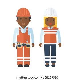 Black people. Workers of construction sector. Repair of roads, traffic cone. Building and the woman employee of municipal sphere. Objects isolated on white background.
