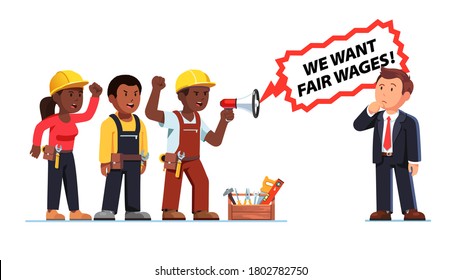 Black People Workers Demanding Fair Wages From Executive Business Boss. Race Inequality Political Protest. Protesting Working Class People. Union Leader Shouting Through Megaphone. Vector Illustration