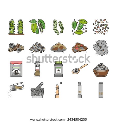 Black Pepper Aromatic Hot Spice Icons Set Vector. Ground Spicy Ingredient For Cooking And Seasoning Dish, Growing Plant And Drying Seeds. Mechanical And Electrical Mill Color Illustrations