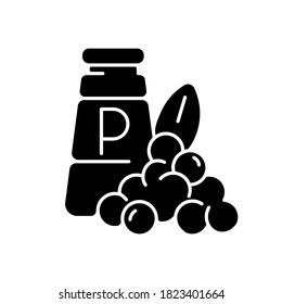Black pepper black glyph icon. Black peppercorn. Natural supplement. Spicy food seasoning. Cooking herbs and condiments. Silhouette symbol on white space. Vector isolated illustration