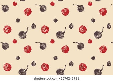 Black pepper pattern. Hand drawn crayon sketches. Vintage style. Condiment crayon drawings. Peppercorn background - black, white and red pepper in vector. Ornament of seasoning and spices.