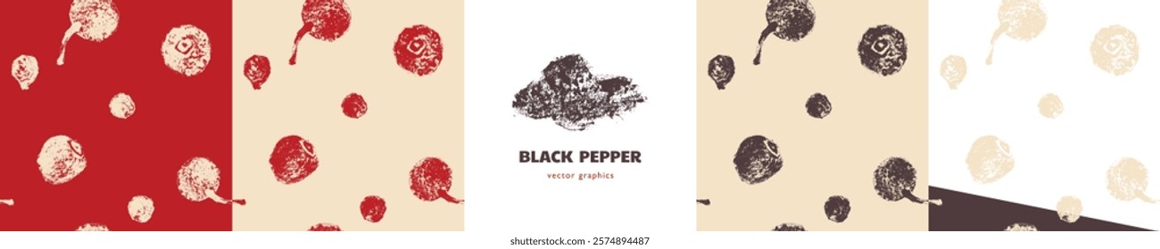 Black pepper pattern. Hand drawn ink sketches. Vintage style. Condiment crayon drawings. Peppercorn background - black, white and red pepper in vector. Ornament of seasoning and spices.