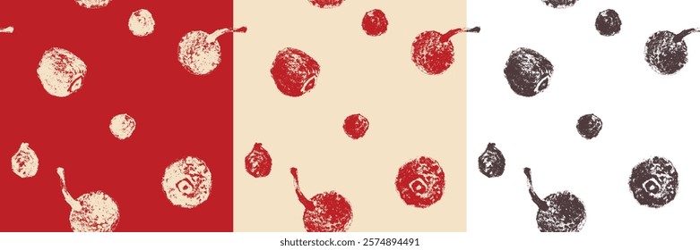 Black pepper pattern. Hand drawn ink sketches. Vintage style. Condiment crayon drawings. Peppercorn background - black, white and red pepper in vector. Ornament of seasoning and spices.