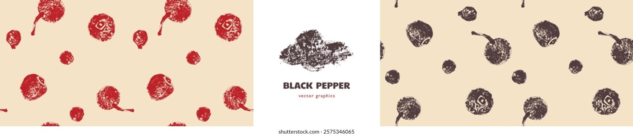 Black pepper pattern. Hand drawn ink sketches. Vintage style. Condiment crayon drawings. Peppercorn background - black, white and red pepper in vector. Ornament of seasoning and spices.