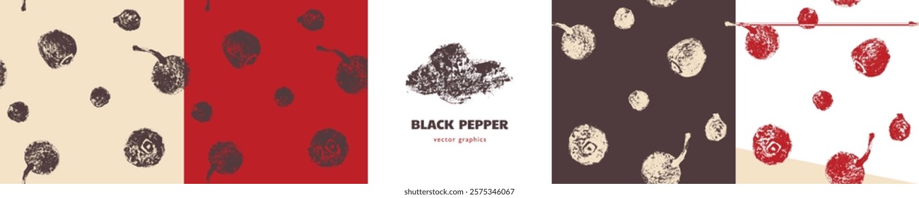 Black pepper pattern. Hand drawn ink sketches. Vintage style. Condiment crayon drawings. Peppercorn background - black, white and red pepper in vector. Ornament of seasoning and spices.