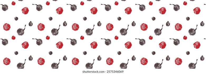 Black pepper pattern. Hand drawn ink sketches. Vintage style. Condiment crayon drawings. Peppercorn background - black, white and red pepper in vector. Ornament of seasoning and spices.