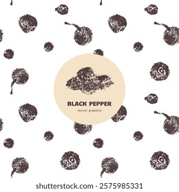 Black pepper pattern. Hand drawn pencil sketches. Vintage style. Condiment crayon drawings. Peppercorn background - black, white and red pepper in vector. Ornament of seasoning and spices.