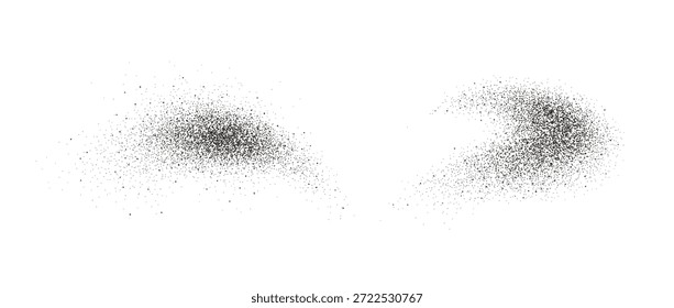 Polvo de pimienta negra salpica. Estallan partículas de condimentos voladores. Pilas de arena y suciedad con textura gris. Sal y pimienta en hojuelas esparcidas en la superficie. Explosión picante seca. Ilustración vectorial