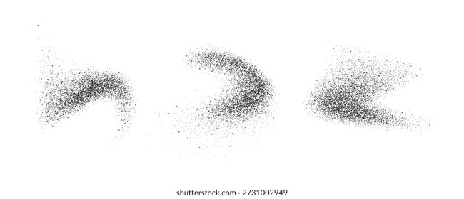 Salpicaduras de polvo de pimienta negra. Estallan partículas de sazonador volador. Pilas de arena gris y suciedad con textura. Explosión de especias secas. Escamas de sal y pimienta esparcidas en la superficie. Ilustración vectorial