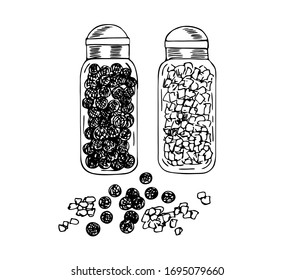 Black pepper and salt in jars in line art style.