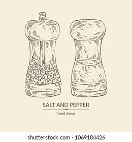 Black pepper and sea salt. Mill with pepper and salt shaker. Vector hand drawn illustration. 