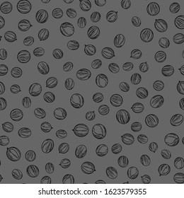 Black pepper seamless pattern on black background. Cooking ingredients wallpaper. Monochrome engraving vintage style. Vector illustration.