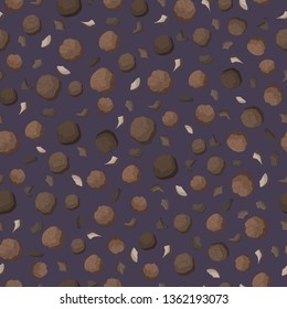 Black pepper  seamless pattern with whole and cracked pepper isolated on dark background. Vector cartoon illustration