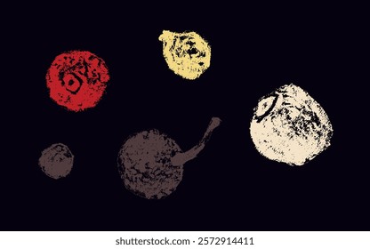 Black pepper seasoning. Hand drawn pencil sketch. Icon in vintage style. Condiment crayon drawing. Vector peppercorn doodles