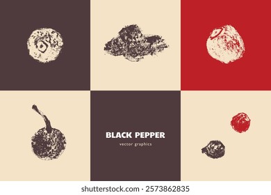 Black pepper seasoning symbol set. Hand drawn pencil sketch. Icon in vintage style. Condiment crayon drawing. Peppercorn doodles - black, white and red pepper in vector