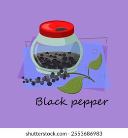 Black pepper spice. Closed jar and twig. Flavoring concept. Can be used for topics like recipe, cooking, culinary