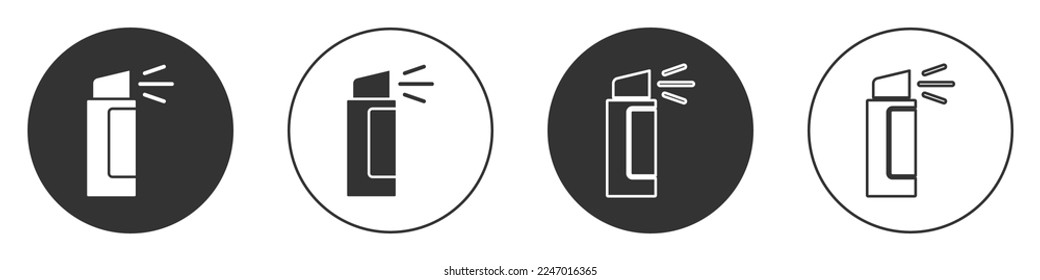 Schwarzes Pfefferspray, Symbol einzeln auf weißem Hintergrund. OC-Gas. Capsicum selbst verteidigt Aerosol. Circle Button. Vektorgrafik