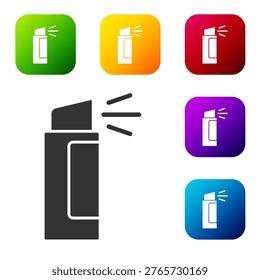 Black Pepper spray icon isolated on white background. OC gas. Capsicum self defense aerosol. Set icons in color square buttons. Vector