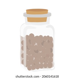 Ilustración del material vectorial de pimienta negra. Un frasco de especias. Cocina, receta. Granos de condimento picante. Aislado sobre un fondo blanco.