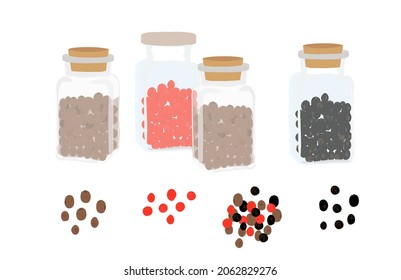 Black pepper vector stock illustration. a set of jars with spices. Cooking, recipe. Grains of spice seasoning. Isolated on a white background.
