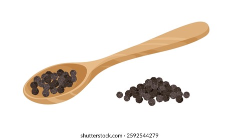 Black peppercorns in wooden spoon. Vector cartoon flat illustration. Spices icon.