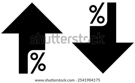 black percent sign and arrows in different directions, representing investment trends, profit, loss, and price variations in financial business metrics and analysis