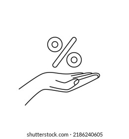 black percent sign on thin line female hand icon. abstract stroke web design element or graphic outline value logotype isolated on white. concept of stock market share or annuity debt or investment