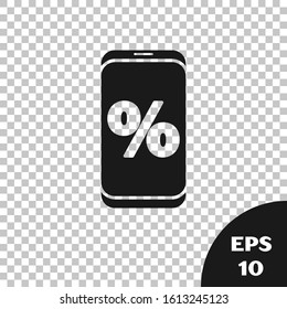 Black Percent symbol discount and mobile phone icon isolated on transparent background. Sale percentage - price label, tag.  Vector Illustration