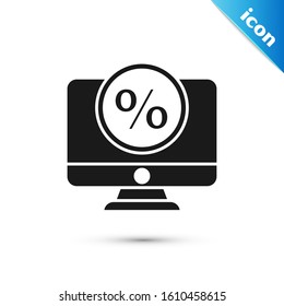 Black Percent symbol discount and monitor icon isolated on white background. Sale percentage - price label, tag.  Vector Illustration