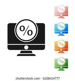 Black Percent symbol discount and monitor icon isolated on white background. Sale percentage - price label, tag. Set icons colorful. Vector Illustration