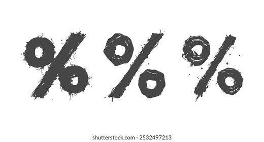 Símbolos percentuais pretos definidos em estilo grunge angustiado em um fundo branco