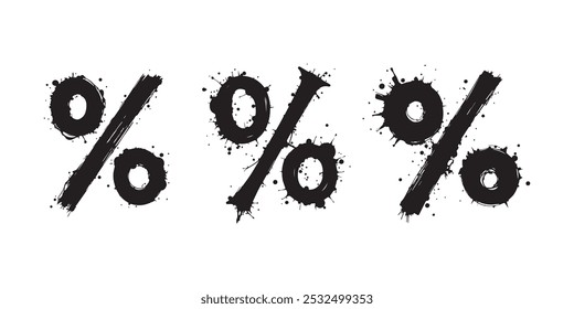 Símbolos percentuais pretos definidos em estilo grunge angustiado em um fundo branco