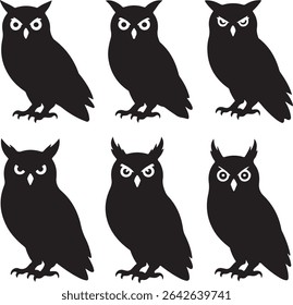 Black Perched Owl Silhouette Set Various Poses
