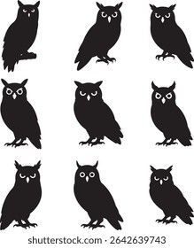 Black Perched Owl Silhouette Set Various Poses
